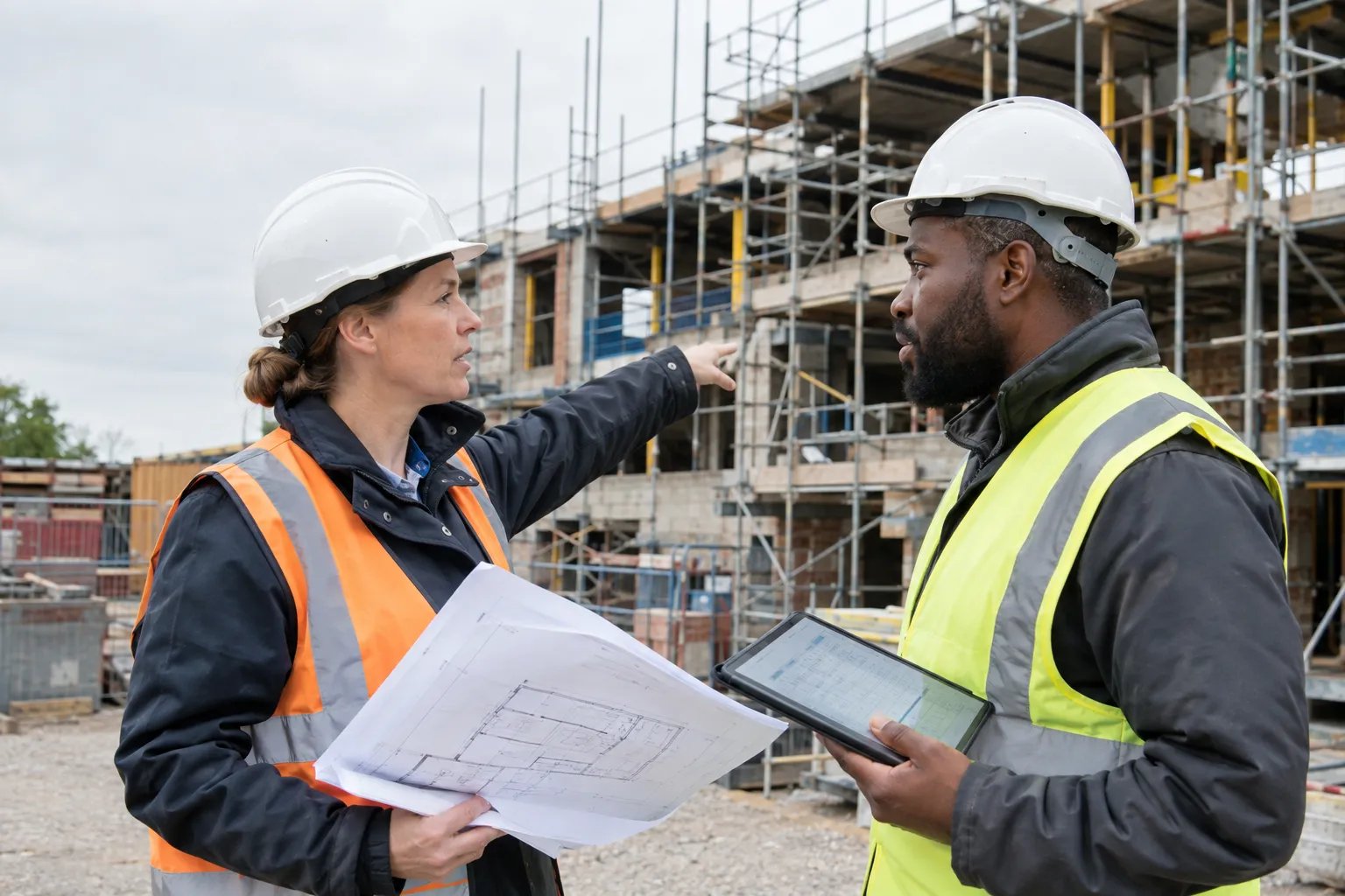 Construction manager and quantity surveyor discussing a project on site.