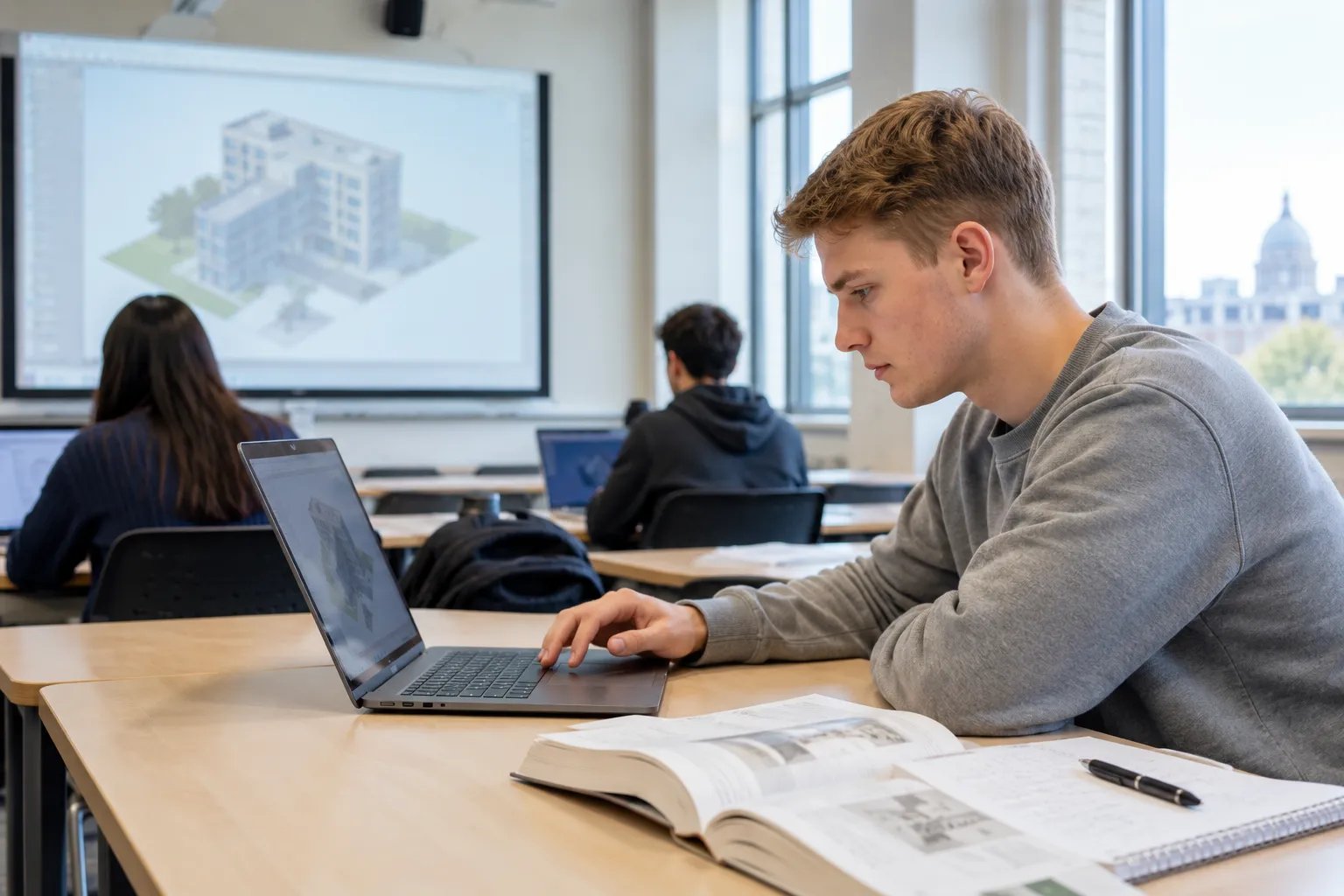 Student studying building information modelling in a construction management degree.