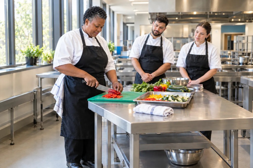 Chef lecturer demonstrating a technique in a training kitchen, a teaching qualification UK career changers pursue.