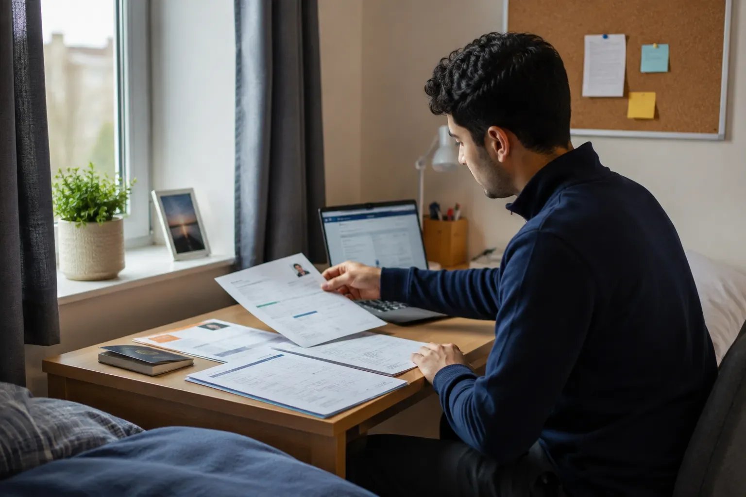 Student organizing passport and IELTS documents at a desk for UK student visa requirements.