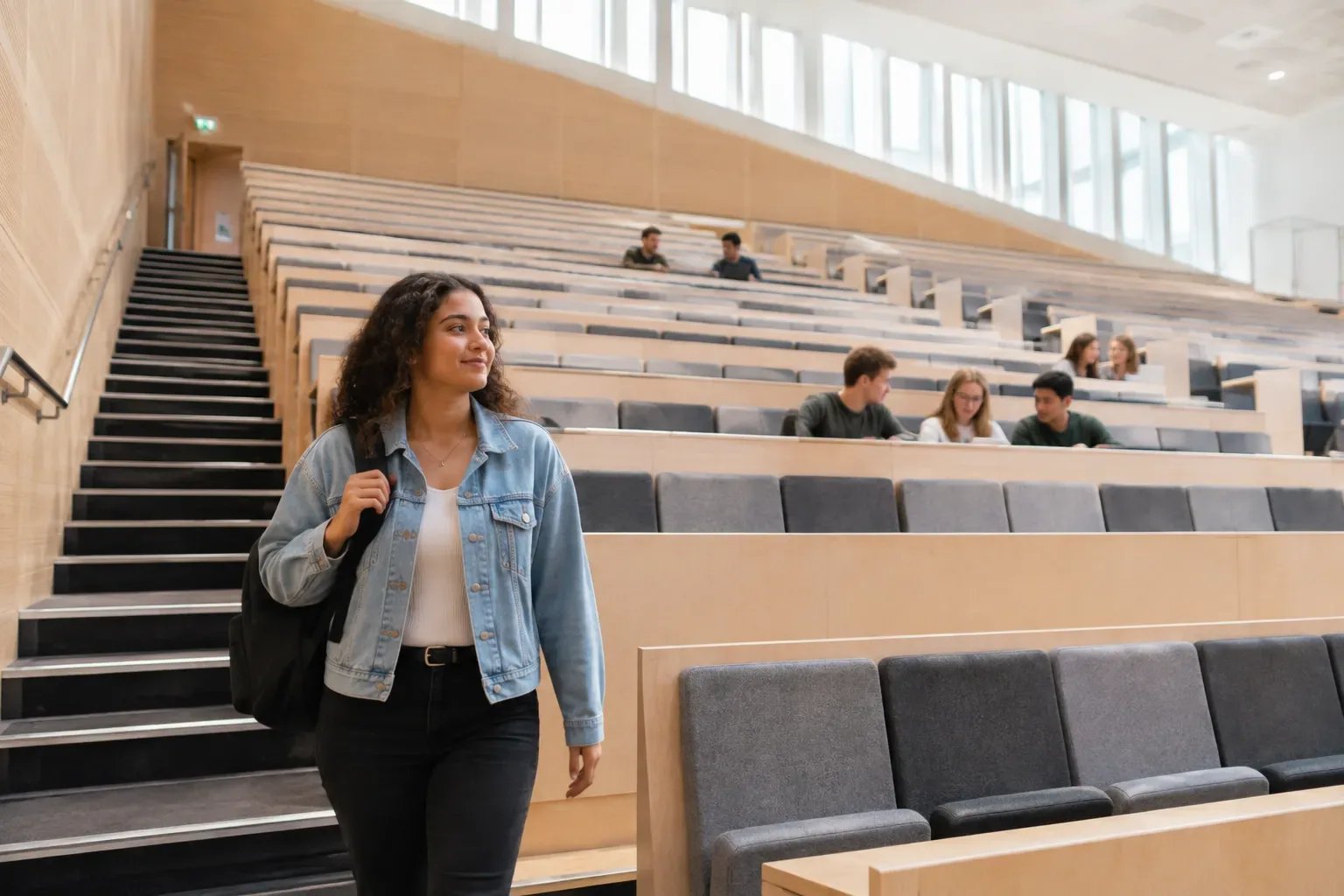 New undergraduate entering a London lecture theatre after completing a foundation year.