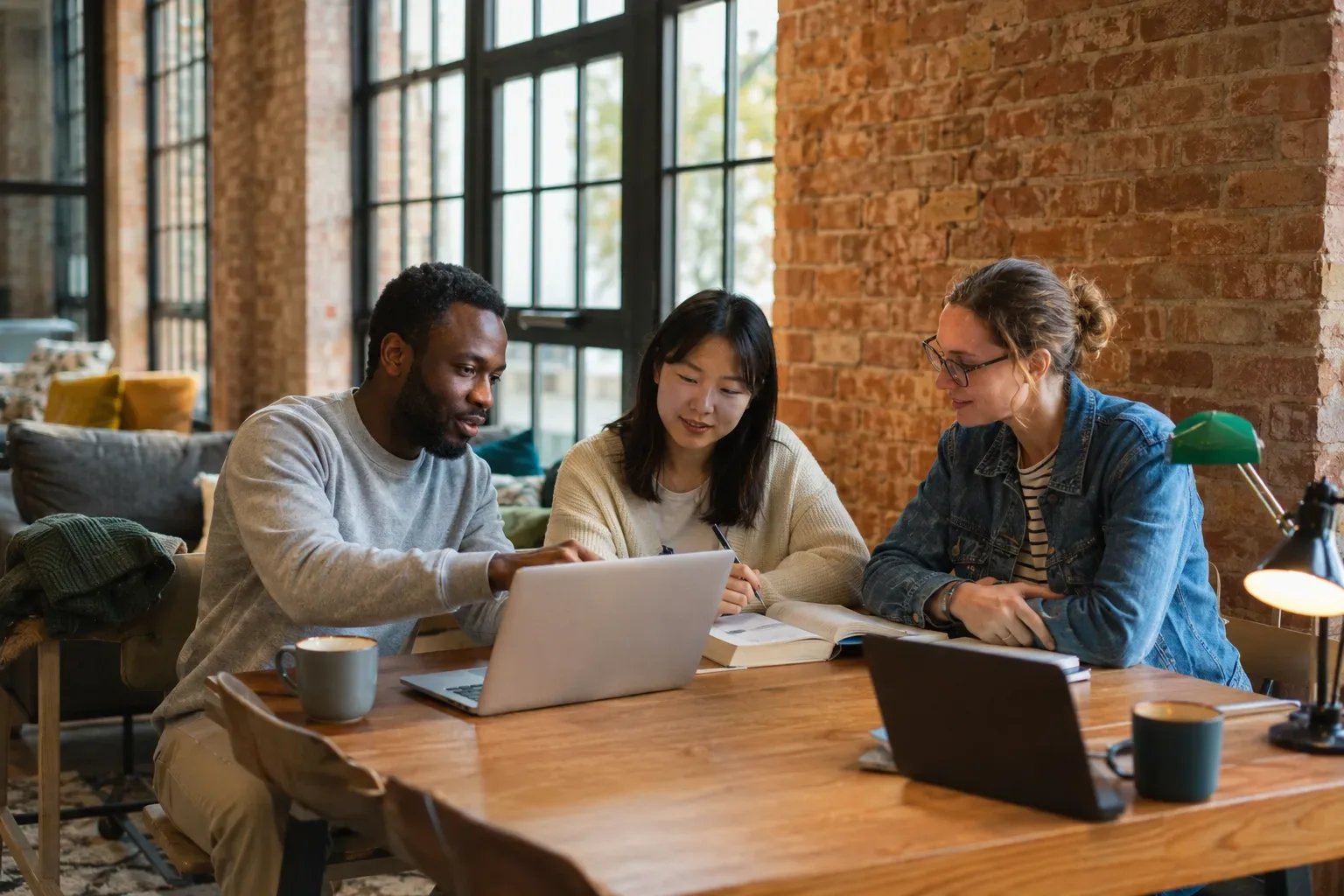 Three foundation year university students studying together in a London halls common room.
