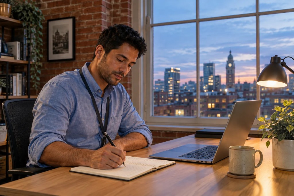 Working adult studying a foundation degree at his desk after hours, balancing study and a job.