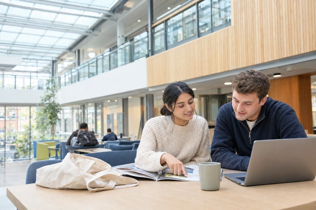 Two students comparing HND courses UK and foundation degree prospectuses in a bright Manchester college atrium.