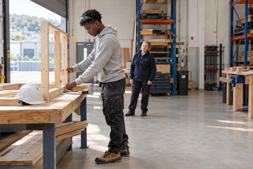 Student building an applied project in a practical college workshop, typical of vocational HND study.