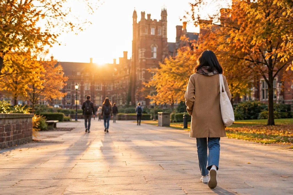 Student walking across a red-brick university campus in autumn, heading toward a top-up degree year.
