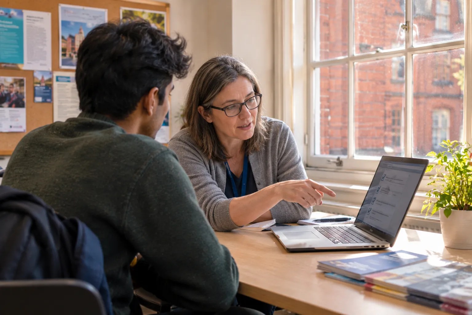International student and advisor reviewing study in UK requirements together in an office