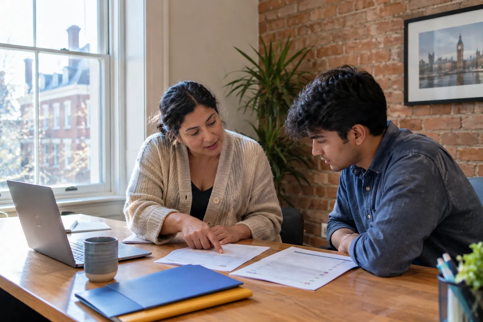Study abroad advisor comparing university admission and UK student visa requirements with a student