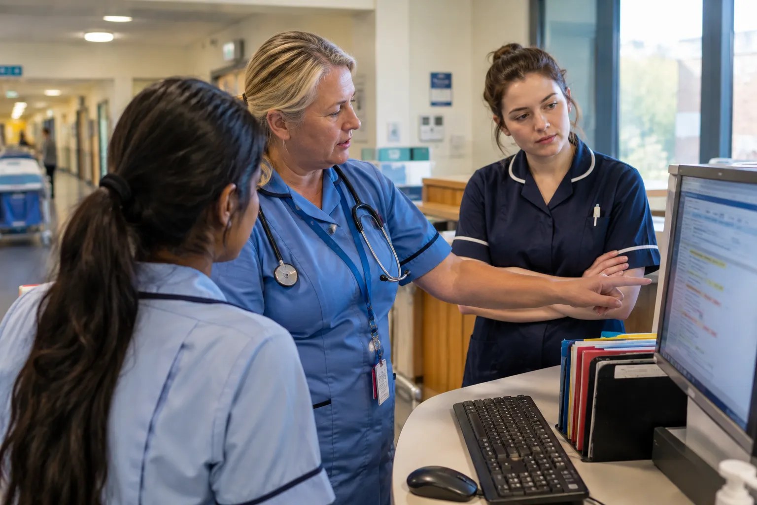 Newly qualified NHS nurses at a ward handover meeting during a morning shift change