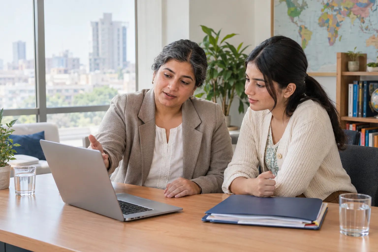 An education advisor reviews a student's personal statement together at a consultancy office desk.