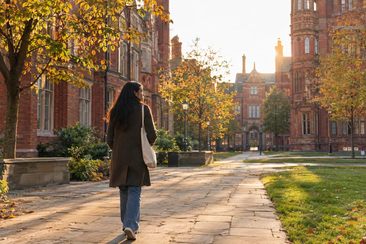 An international student walks across a redbrick UK university campus in autumn light.