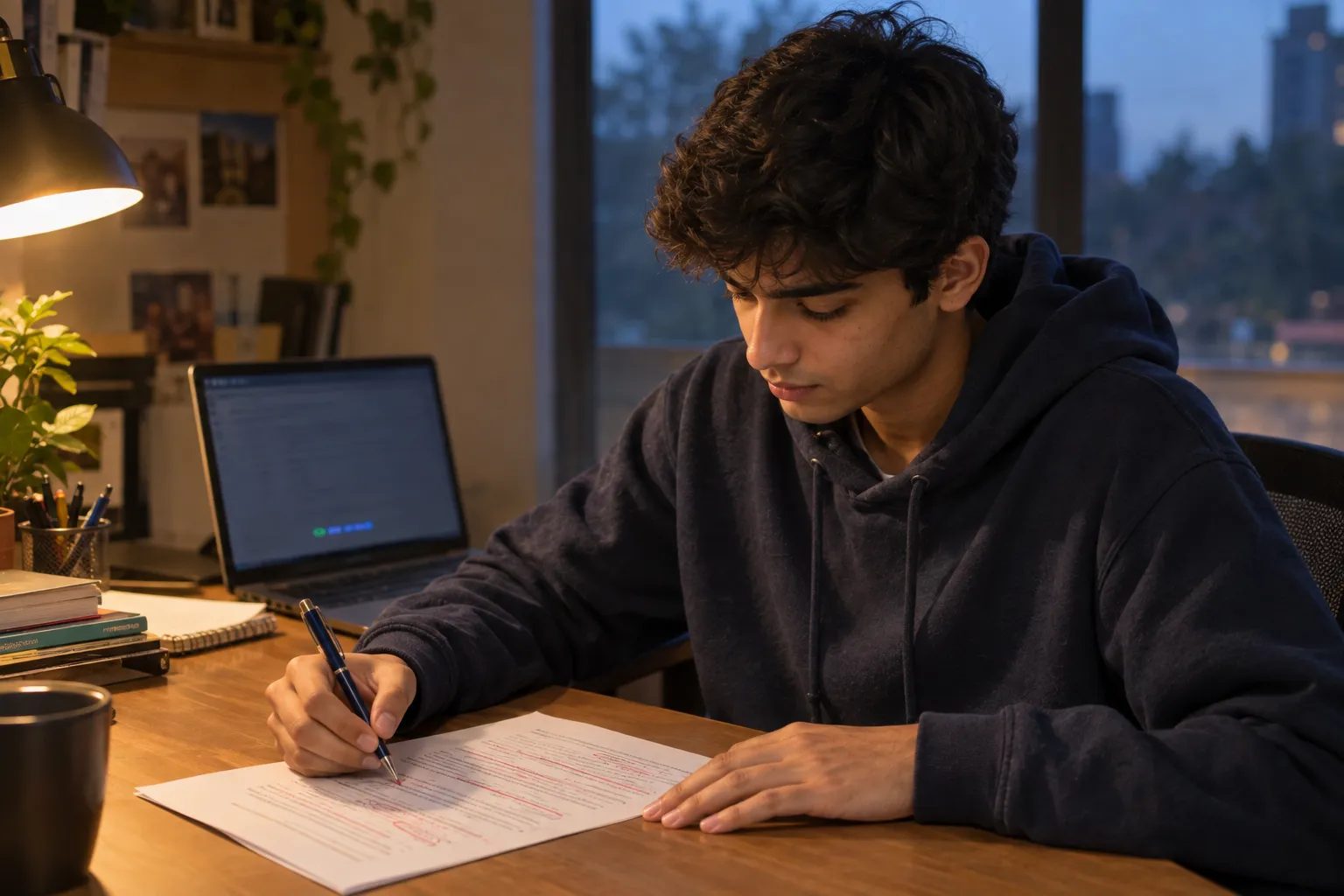 A student edits a printed draft of a UK personal statement, marking repeated points to cut.