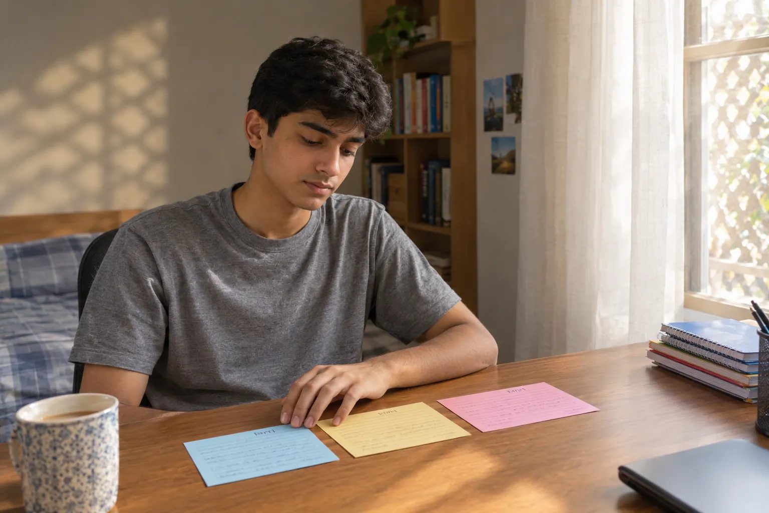 A student maps out the three UCAS personal statement questions on index cards at a home desk.