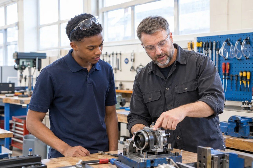 Student on a T-Level industry placement in a UK workshop.