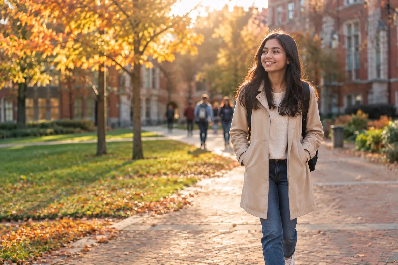 International student walking across a UK university campus after receiving her student visa.