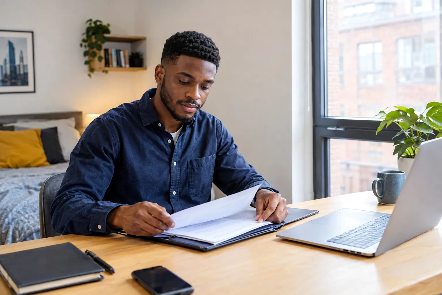 Student checking documents for a UK student visa checklist at a desk in Manchester.