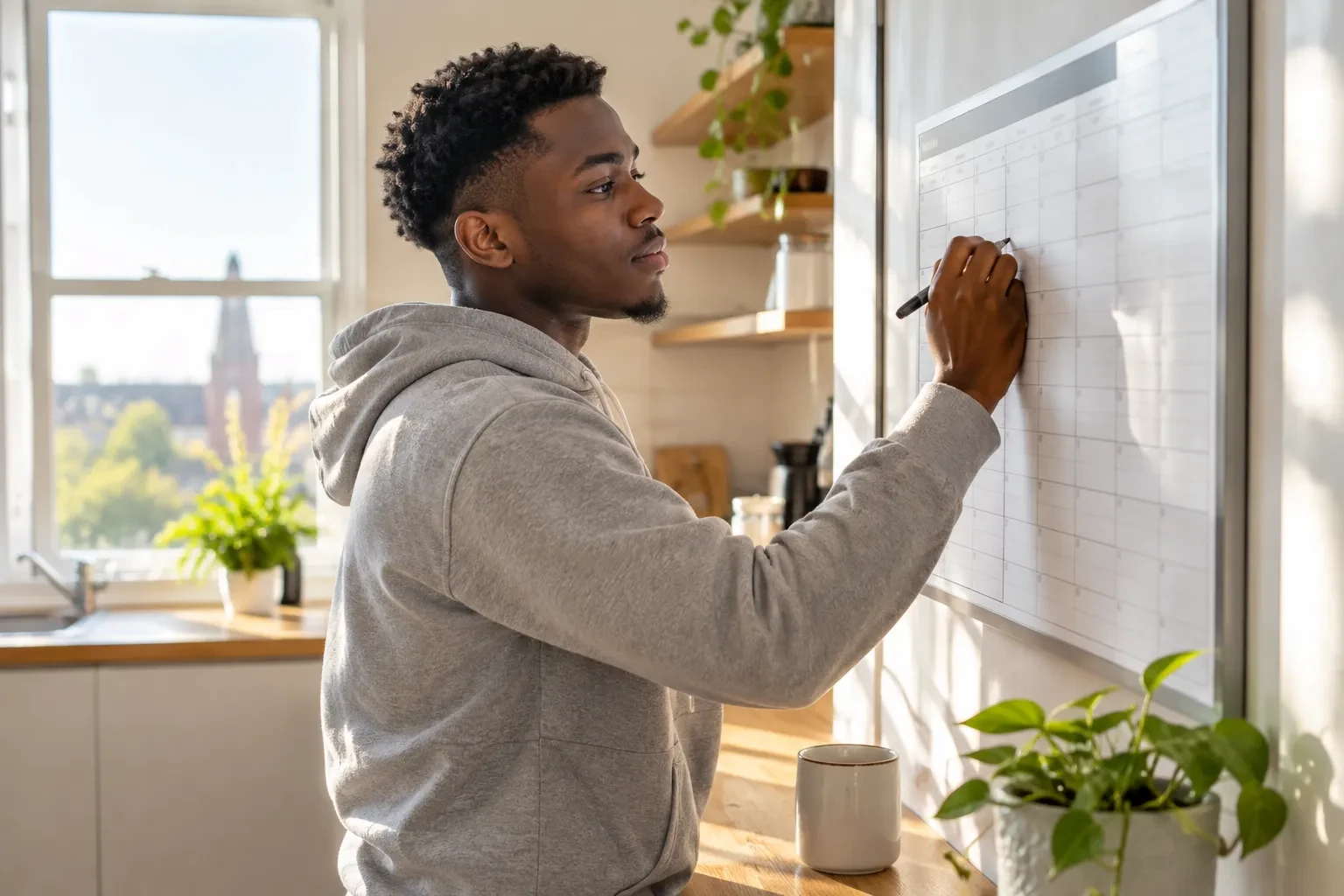 Student planning UK student visa application dates on a wall planner at home.