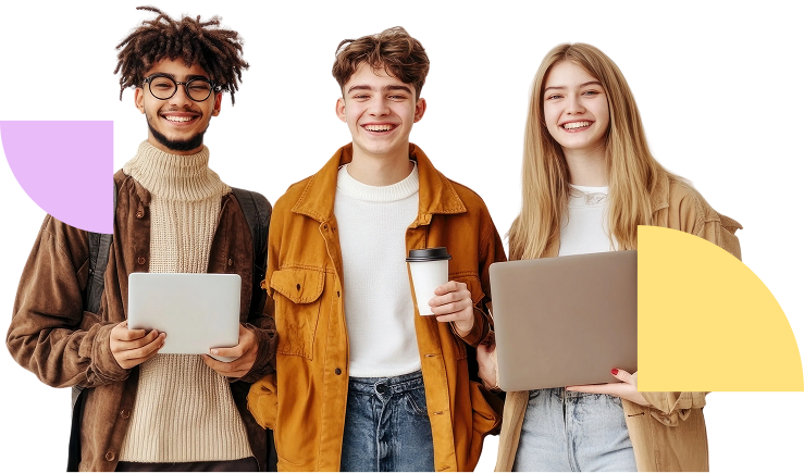 Three smiling students with laptops and coffee